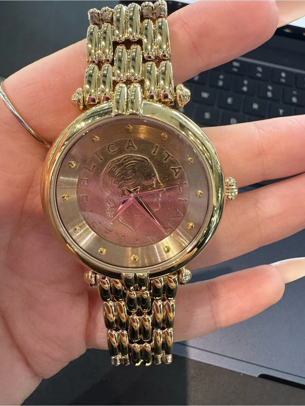 New Bellezza Gold-Tone Italian Lira Coin Analog Dial Dress Watch
